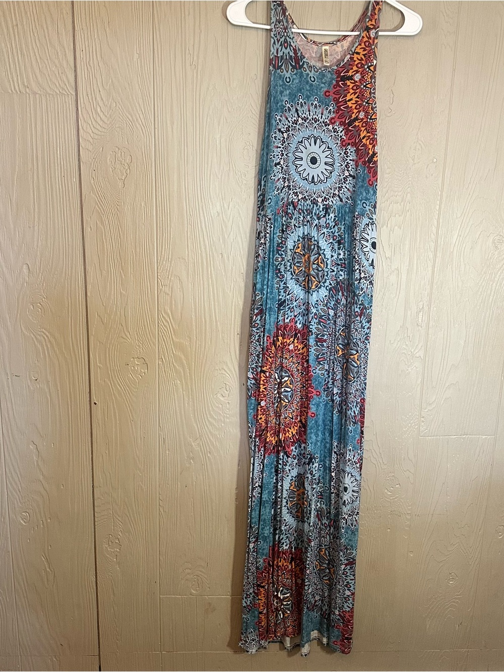 Greecelle Women's XL Blue Floral Knit Maxi Dress Strappy Sleeveless Scoop Neck